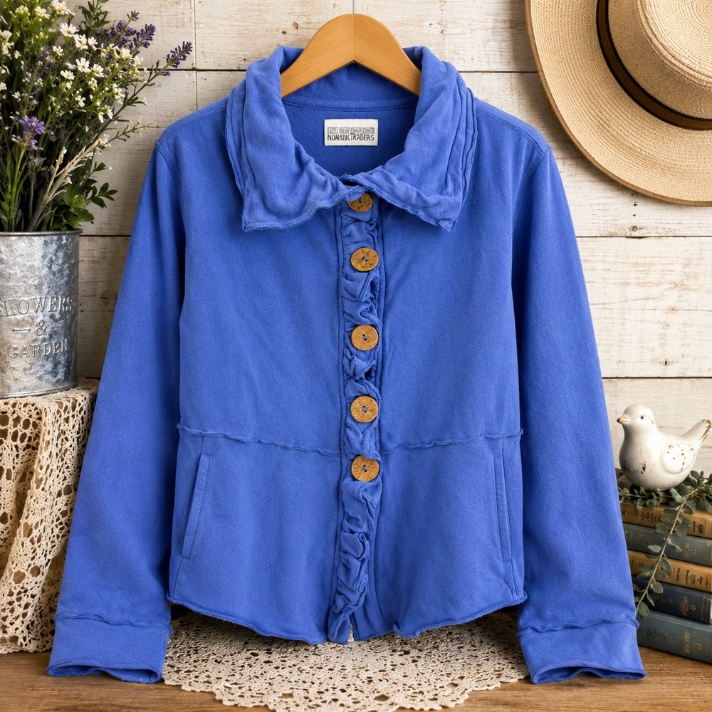 Nomadic Traders Jacket Ruffle Button Front jacket Size S Blue cottagcore Cotton
